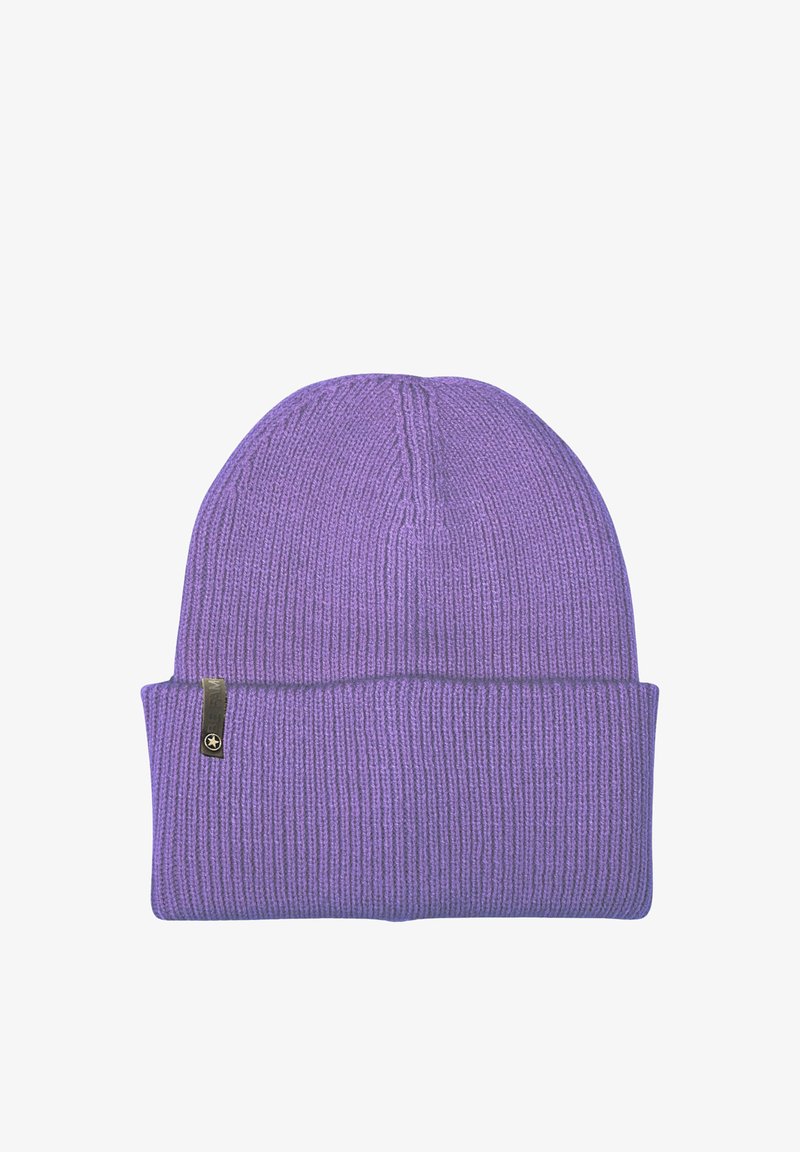 Purple knitted beanie hat with a ribbed texture and folded cuff. Features a small black tag with a logo on the side.