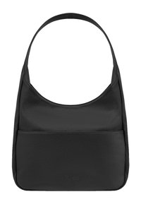 Sac à épaule en cuir noir avec une texture lisse, une sangle courbée et une poche avant. Design simple sans matériel visible ni motifs.