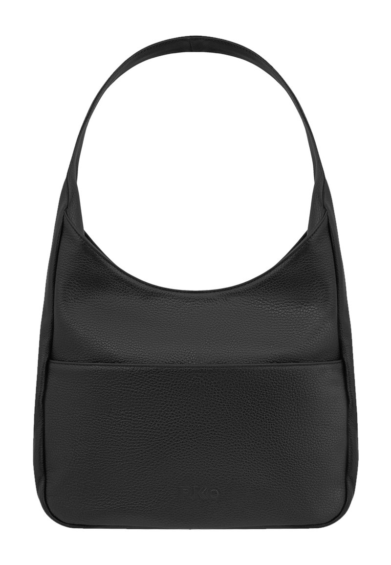 Sac à épaule en cuir noir avec une texture lisse, une sangle courbée et une poche avant. Design simple sans matériel visible ni motifs.