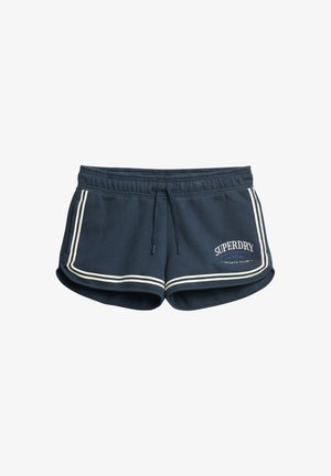 Granatowe bawełniane szorty z białymi paskami po bokach, elastyczny pas, sznurek do regulacji i grafiką "Superdry Sports Club" z przodu.