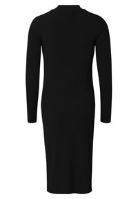 Schwarzes, geripptes Midikleid mit langen Ärmeln und hohem Ausschnitt, das eine figurbetonte Silhouette und eine glatte Textur aufweist.