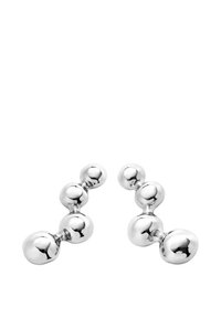 Boucles d'oreilles en argent présentant une forme d'orbe unique avec des sphères interconnectées, une finition polie et une texture lisse.