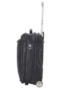 Valigia nera in pelle con manico telescopico argentato, scomparti con cerniera e tasca laterale; ruote lisce per una facile mobilità.