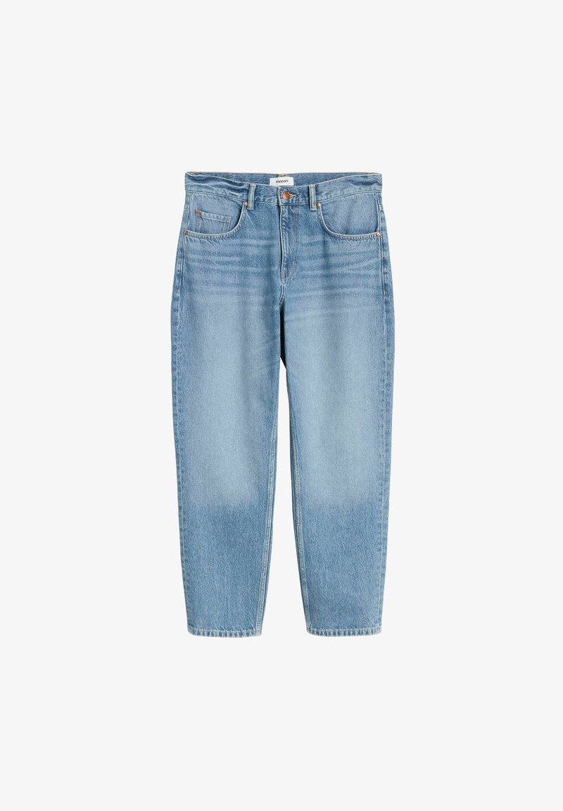 Hellblaue Jeans aus Denim mit lockerer Passform, fünf Taschen, kontrastierenden Nähten und leicht verblasstem Textur an den Beinen.