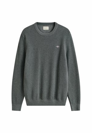 Dunkelgrauer, gestrickter Pullover mit Rundhalsausschnitt und langen Ärmeln, Rippbündchen an Ärmeln und Saum, kleines gesticktes Logo auf der linken Brust.