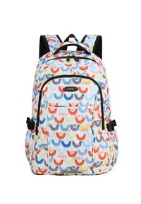 Colorful backpack with a white base, featuring a pattern of curved shapes in blue, red, and black. Includes adjustable straps and zippers.