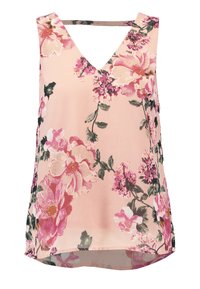 Kukkakuvioinen hihaton toppi pehmeässä vaaleanpunaisessa kankaassa, jossa on V-aukko, suuret pinkit ja violettit kukat, vihreät lehdet ja sivuhalkiot.