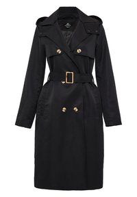 Schwarzer Trenchcoat mit doppelt geknöpftem Vorderteil, goldenen Knöpfen, tailliertem Gürtel, Schulterklappen und langen Ärmeln, hergestellt aus glattem Stoff.