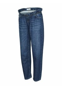 Denimjeans med blå tvätt, med elastisk midja, fem fickor och rakt ben. Slät yta med minimal detaljering.