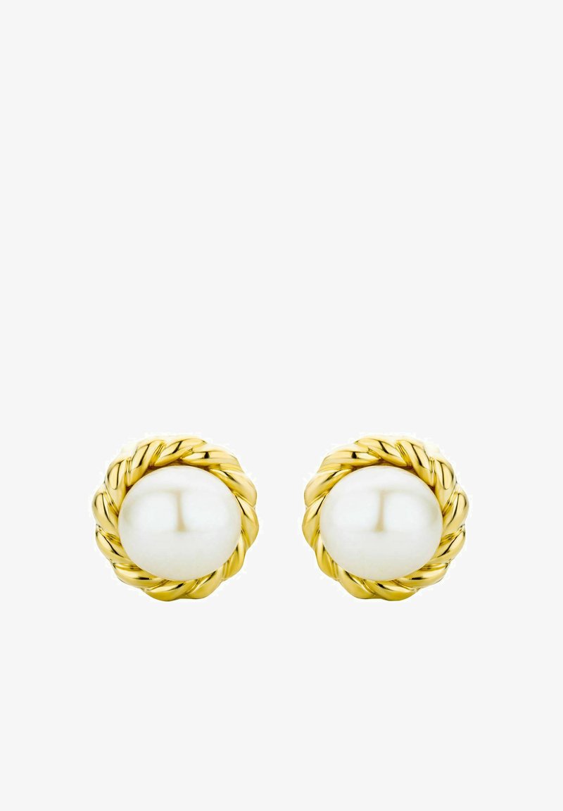 Náušnice v zlatej farbe s okrúhlymi bielymi perlami obklopenými skrúteným zlatým šnúrkovým dizajnom, s lesklým povrchom.