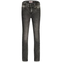 Jeans negros ajustados con un acabado desgastado, diseño de cinco bolsillos y ligero efecto de desgaste. Presenta un cierre de botón y cremallera, con detalles de costura.