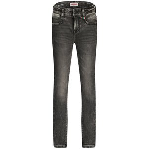 Jean skinny noir avec une finition délavée, design à cinq poches et légères marques d'usure. Comprend une fermeture par bouton et zip, avec des détails de couture.