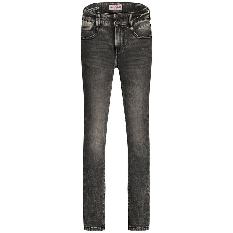 Jeans negros ajustados con un acabado desgastado, diseño de cinco bolsillos y ligero efecto de desgaste. Presenta un cierre de botón y cremallera, con detalles de costura.