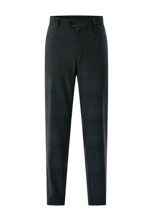 Tailored dark gray trousers with a subtle textured pattern, zipper fly, and front pockets, made from a woven fabric for comfort.