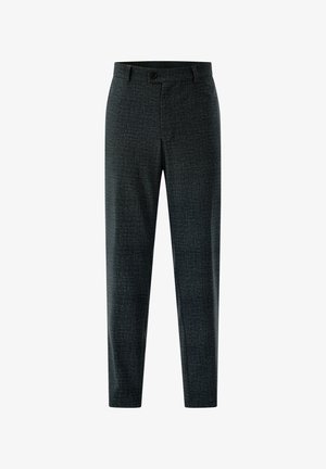 Tailored dark gray trousers with a subtle textured pattern, zipper fly, and front pockets, made from a woven fabric for comfort.