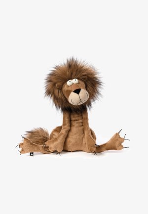 Soft brown plush lion toy with a large fluffy mane, long legs, wide eyes, and a stitched smiling face sitting on a white background.