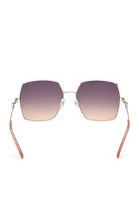 Gafas de sol cuadradas con lentes degradadas, montura metálica plateada fina y terminales rosas en las patillas, con almohadillas nasales ajustables.