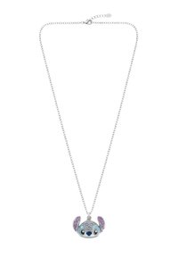 Collier en chaîne argentée avec un pendentif représentant un personnage de dessin animé, orné d'accents bleus et violets, détaillé avec des pierres incrustées étincelantes.