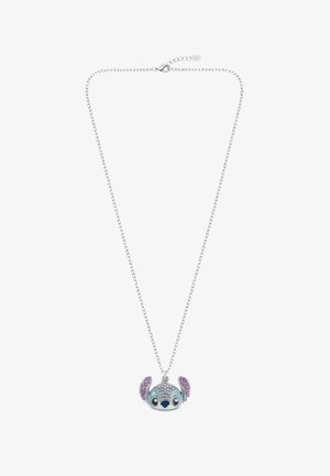 Collana a catena argento con ciondolo a forma di personaggio dei cartoni animati con accenti blu e viola, dettagliata con pietre incastonate scintillanti.