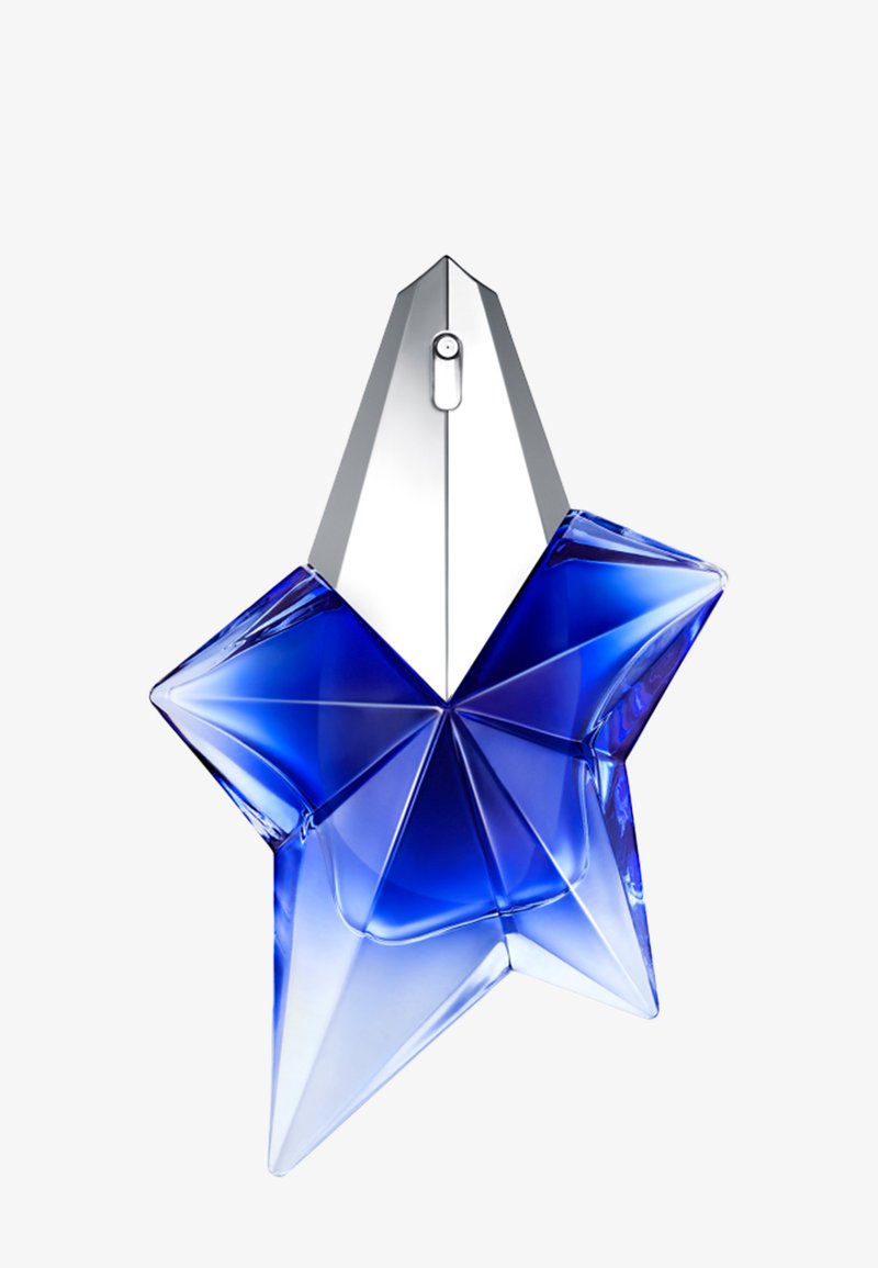 Botella de perfume de cristal azul con forma de estrella, que presenta un diseño geométrico con un tapón plateado y acentos transparentes.