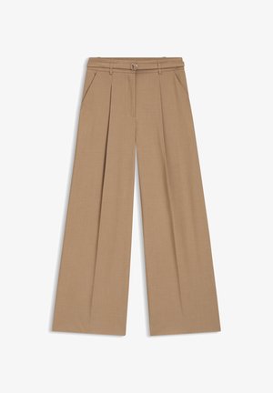 Beige wide-leg trousers with a smooth texture, featuring front pleats, side pockets, and a metallic buckle detail on the waistband.