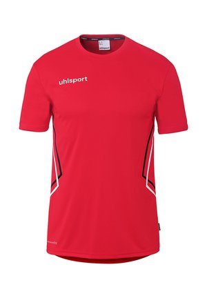 Rotes Sportshirt mit kurzen Ärmeln, schwarzen und weißen schrägen Seitenstreifen und "uhlsport"-Logo auf der oberen linken Brust.