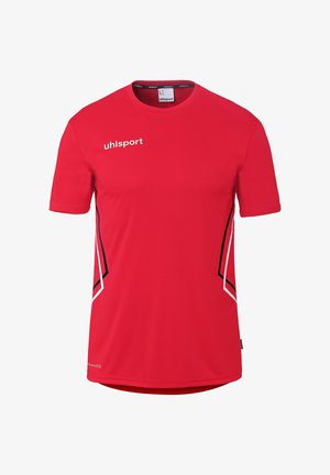 Rotes Sportshirt mit kurzen Ärmeln, schwarzen und weißen schrägen Seitenstreifen und "uhlsport"-Logo auf der oberen linken Brust.