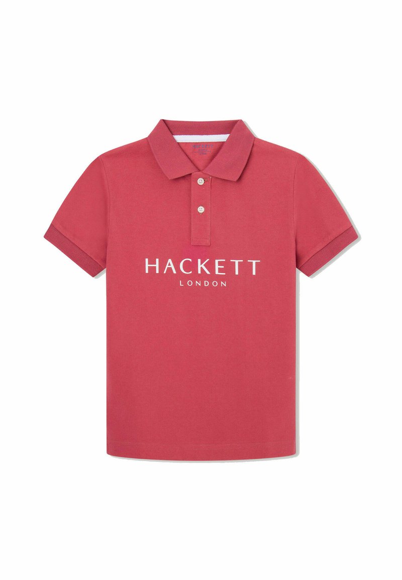 Rotes Polohemd mit kurzen Ärmeln und Kragen, zwei Knöpfen und weißem, zentriertem "Hackett London"-Text auf der Vorderseite.