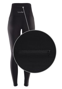 Svarta leggings i stretchmaterial med hög midja, platta sömmar och en diskret dragkedjeficka bak.