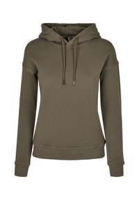 Sweat à capuche en coton vert olive avec capuche à cordon, poignets et taille côtelés, présentant une texture lisse et un design simple.