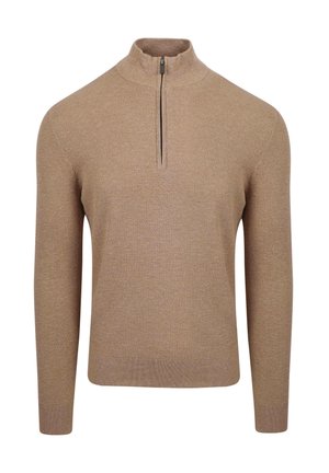 Beige gebreide trui met een kwart-rits kraag, lange mouwen en een gestructureerd patroon. Heeft een rechte zoom en een zachte stof.