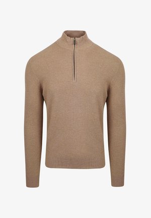 Beige gebreide trui met een kwart-rits kraag, lange mouwen en een gestructureerd patroon. Heeft een rechte zoom en een zachte stof.