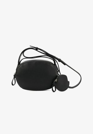 Sac bandoulière en cuir noir avec forme arrondie, bandoulière réglable et petite pochette ronde pour pièces attachée avec fermeture éclair.