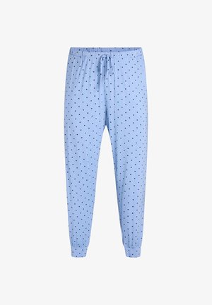 Light blue pajama pants with elastic waistband, drawstring, and ribbed cuffs. Features a polka dot pattern in navy blue.