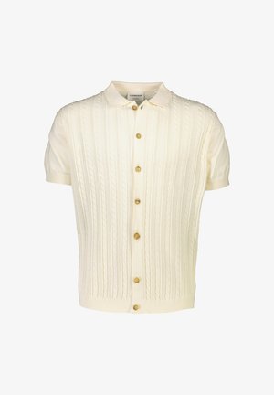 Kortärmad kramfärgad cardigan i kabelstickad design, med en spetsig krage och fem guldknappar fram.