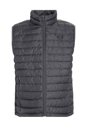 Chaleco de plumas gris con cuello alto y cierre frontal. Presenta una textura acolchada y dos bolsillos laterales. Diseño sencillo y ligero.