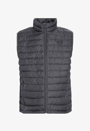 Gepolsterte graue Weste mit hohem Kragen, Frontreißverschluss und horizontalem Kammer-Design. Verfügt über seitliche Taschen und ein Logo-Akzent auf der Brust.