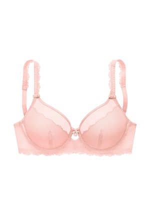 Light pink lace bra with molded cups, adjustable straps, and a small bow with charm in the center front.