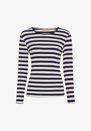 Langærmet tætsiddende skjorte med marineblå og hvide vandrette striber og rund halsudskæring, ribstrikket tekstur.