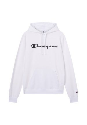 Sudadera con capucha blanca de algodón, con bolsillo delantero, capucha con cordón y logo "Champion" en negro. Puños y dobladillo acanalados.