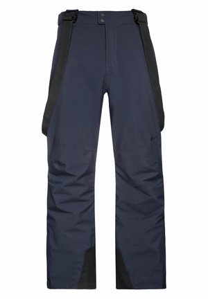 Pantalones de esquí navy con tirantes negros ajustables, refuerzos en las piernas inferiores y una textura suave, diseñados para actividades en clima frío.