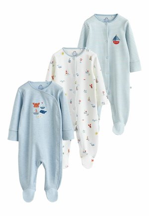 Three baby sleepsuits with footies: one solid light blue with nautical embroidery, one white with small sea-themed prints, and one light blue with white stripes and a boat patch.