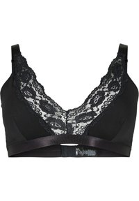 Black bralette with a lace trim along the neckline, soft fabric, V-shape design, and a satin band below the bust.