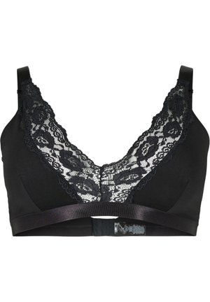 Black bralette with a lace trim along the neckline, soft fabric, V-shape design, and a satin band below the bust.