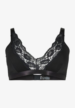 Musta bralette, jossa on pitsireunus kaula-aukossa, pehmeä kangas, V-muotoinen muotoilu ja satiinikaista rinnan alla.