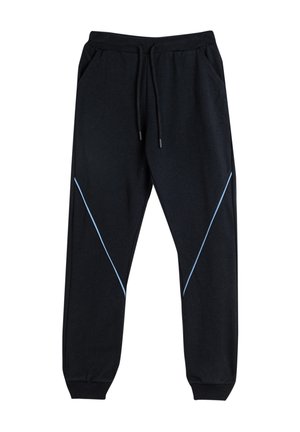 Pantalons de jogging noirs avec une taille élastique à cordon de serrage, présentant des détails de piping bleu clair en diagonale, des poignets élastiques et des poches latérales. Texture lisse.