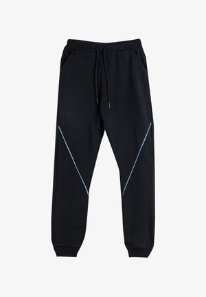 Pantalons de jogging noirs avec une taille élastique à cordon de serrage, présentant des détails de piping bleu clair en diagonale, des poignets élastiques et des poches latérales. Texture lisse.