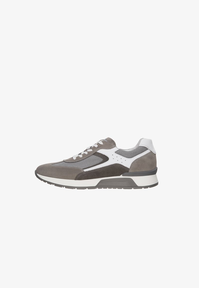 Sneakers in suede e mesh grigi, con accenti bianchi, chiusura con lacci e suola spessa bianca. Perforazioni laterali per la traspirabilità.