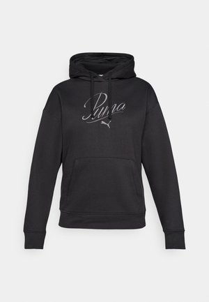 Hoodie noir en tissu doux avec une poche avant, capuche à cordon et logo Puma en texte brodé contrastant gris.