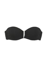 Juodas strapless bikinio viršus su nedideliu susiraukimu centre, laikomas mažos vertikalios baltos juostos, ant baltos fono.